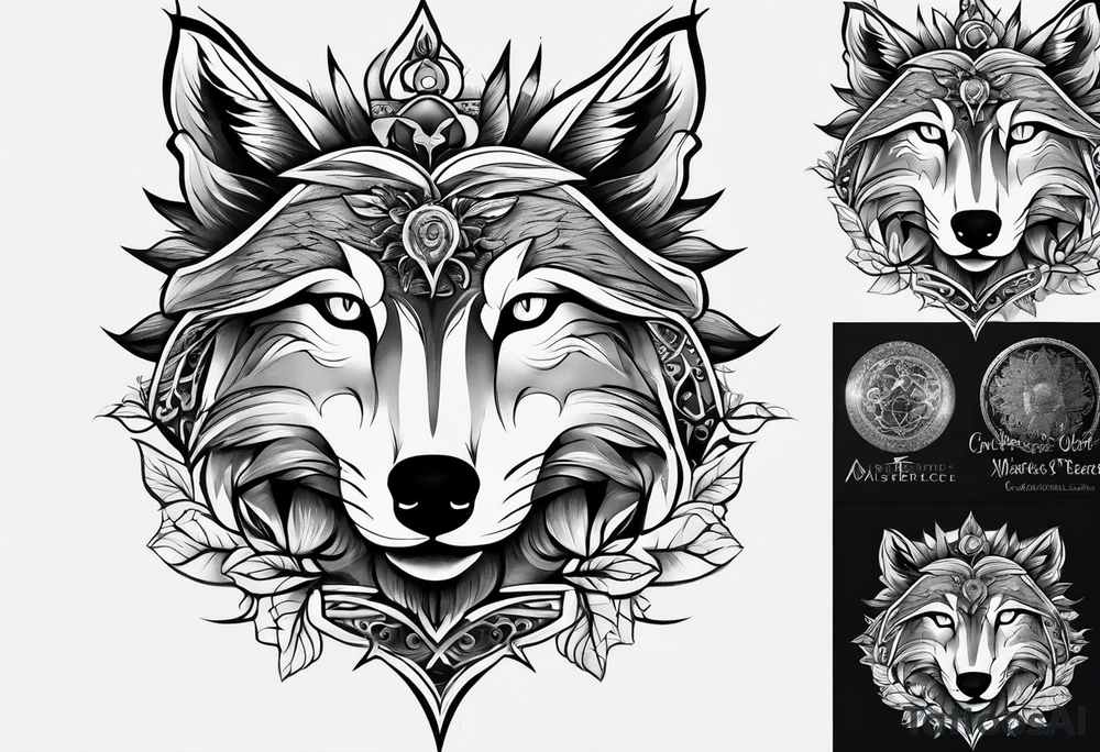 Sleeve sun tree wolf tattoo idea