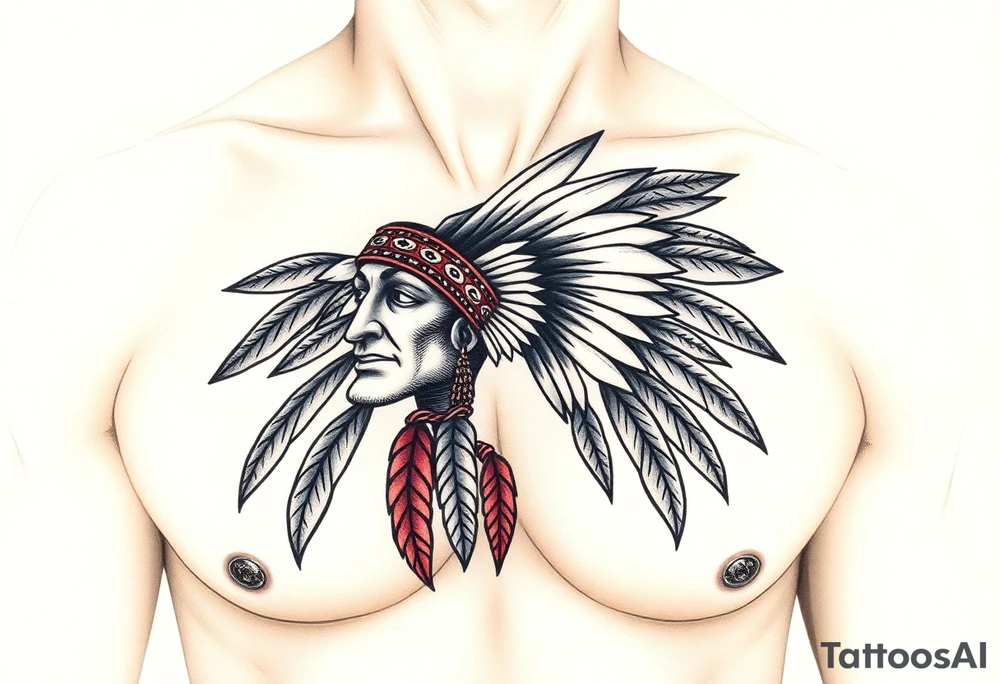 Native American chest in full color male left peck tattoo idea