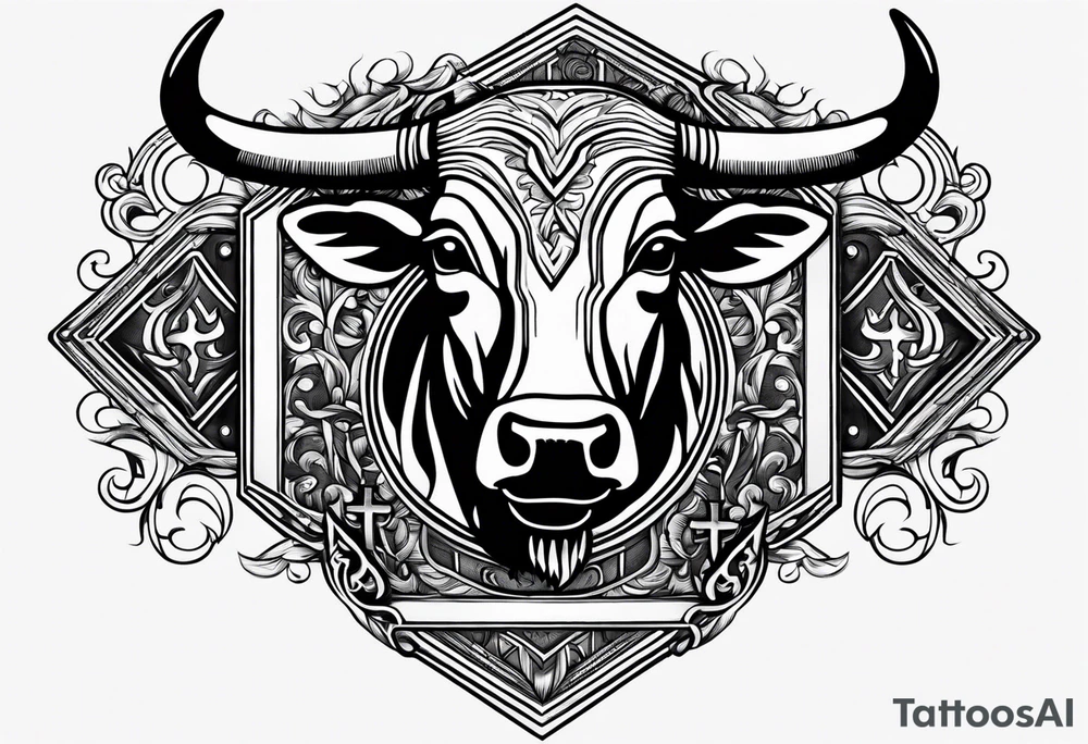 leather  detail with cow tag and cross sleeve tattoo idea