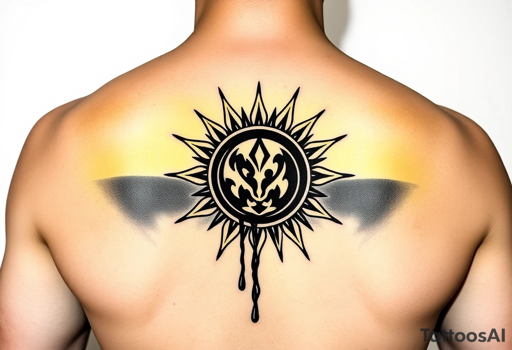 Donbass flag in a circle, colours black and yellow sun. Sun is bleading with blood. 5 cm diameter. Локація: ліва верхня частина грудей, ближче до серця tattoo idea