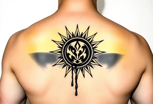 Donbass flag in a circle, colours black and yellow sun. Sun is bleading with blood. 5 cm diameter. Локація: ліва верхня частина грудей, ближче до серця tattoo idea