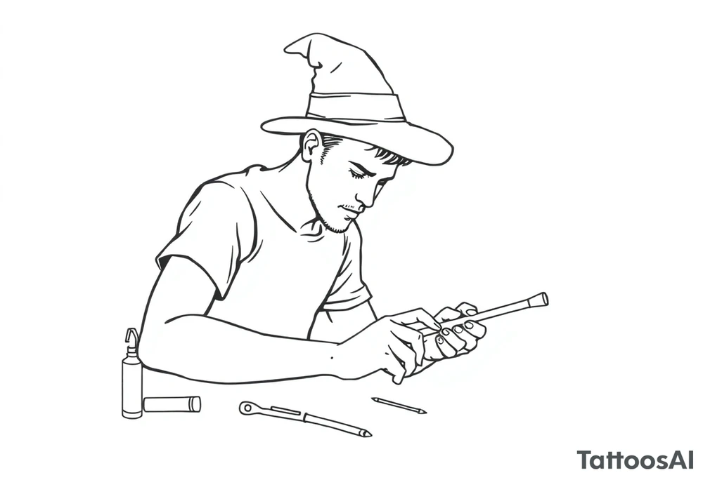 Young guy is exploring witch supplies, tools, equipment tattoo idea