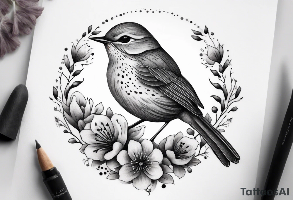 Design a small, elegant tattoo of a nightingale in a gentle pose, surrounded by soft musical notes or floral elements tattoo idea