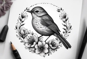 Design a small, elegant tattoo of a nightingale in a gentle pose, surrounded by soft musical notes or floral elements tattoo idea