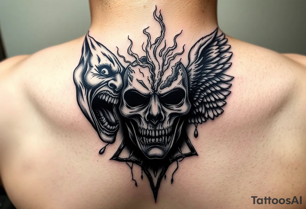 Dark fantasy neck tattoo. A demonic face screaming toward a screaming angel on opposite sides of the neck, both facing inward. Between them, in the center front of the neck, a broken mask splitting into light and darkness, with smoke and energy flowing from the cracks. Black and grey realism, high contrast, detailed linework, dramatic shadows. tattoo idea