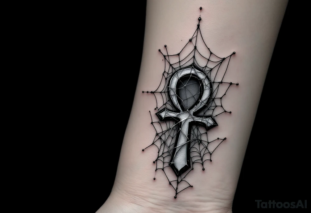 A black onyx Ankh with silver spiderwebs draping over it, adding a mysterious and gothic touch. tattoo idea