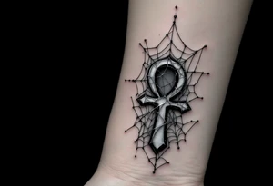 A black onyx Ankh with silver spiderwebs draping over it, adding a mysterious and gothic touch. tattoo idea