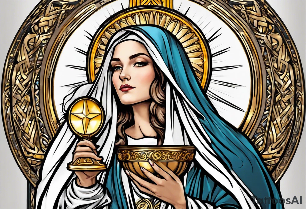 holy saint woman with golden halo holding a chalice tattoo idea