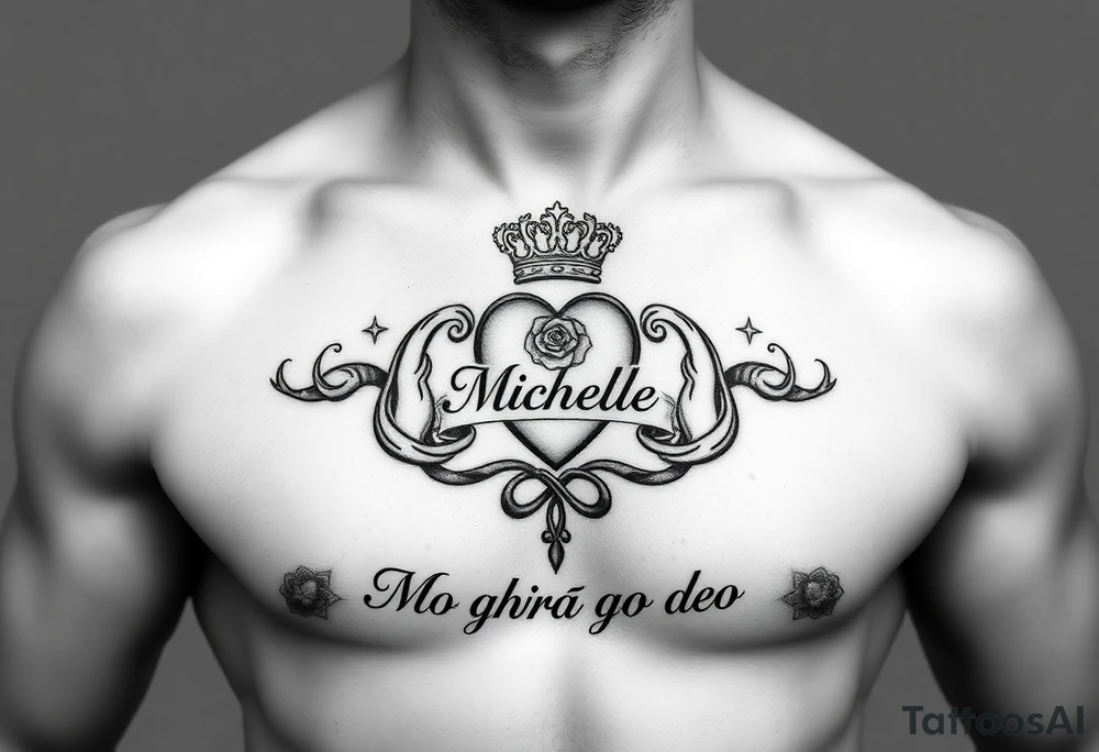 Claddagh places on a man’s chest. Name Michelle placed between the heart and the crown. Irish rose and Celtic knot incorporated into the design. Mo ghrá go deo written at the very bottom. tattoo idea
