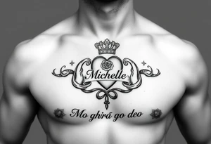 Claddagh places on a man’s chest. Name Michelle placed between the heart and the crown. Irish rose and Celtic knot incorporated into the design. Mo ghrá go deo written at the very bottom. tattoo idea