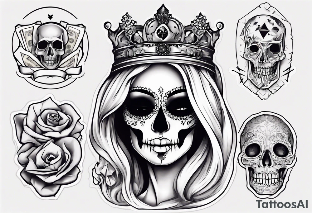 santa la muerta with money and crown
on the card tattoo idea