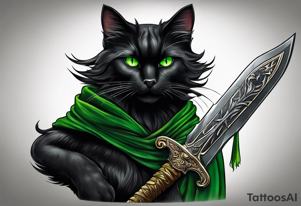 Black cat with green eyes hissing with its tail wrapped around the hilt of a sword tattoo idea