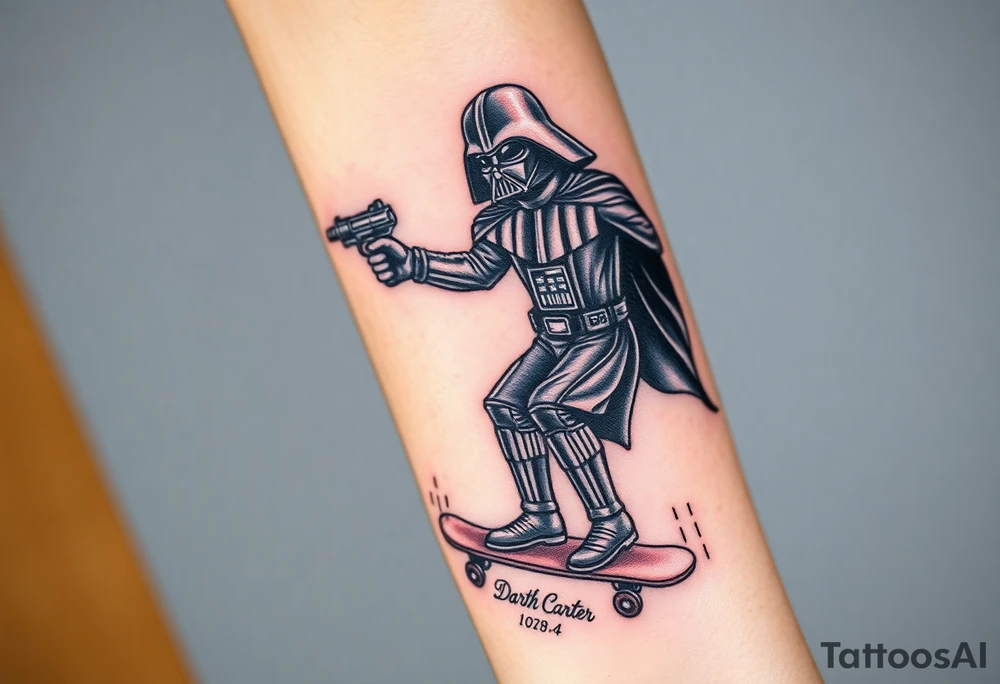 Darth Vader skateboarding with gun> bullets > memorial > god > colors > futuristic/space/star wars
add name "Darth Carter" on skateboard
add date 12/29/88-01/06/24 tattoo idea