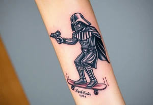 Darth Vader skateboarding with gun> bullets > memorial > god > colors > futuristic/space/star wars
add name "Darth Carter" on skateboard
add date 12/29/88-01/06/24 tattoo idea
