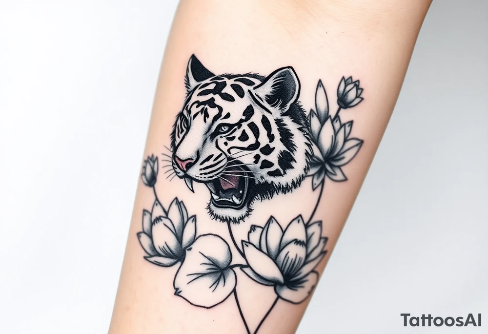 fierce tiger emerging through blooming lotus flowers in mist tattoo idea