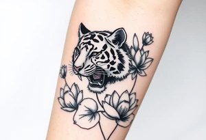 fierce tiger emerging through blooming lotus flowers in mist tattoo idea