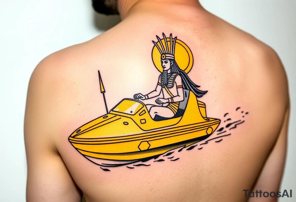 "Anubis driving a yellow Uber-styled solar barge.  
Passengers:  
- Голый Пикассо (из «Ампир V»)  
- Алиса (с табличкой 'Аид – 5★')  
Meter reads: *'SOUL: 4.8 rating (would not reincarnate)'*.  

Style: Urban hieroglyph. Black/yellow. Calf." tattoo idea
