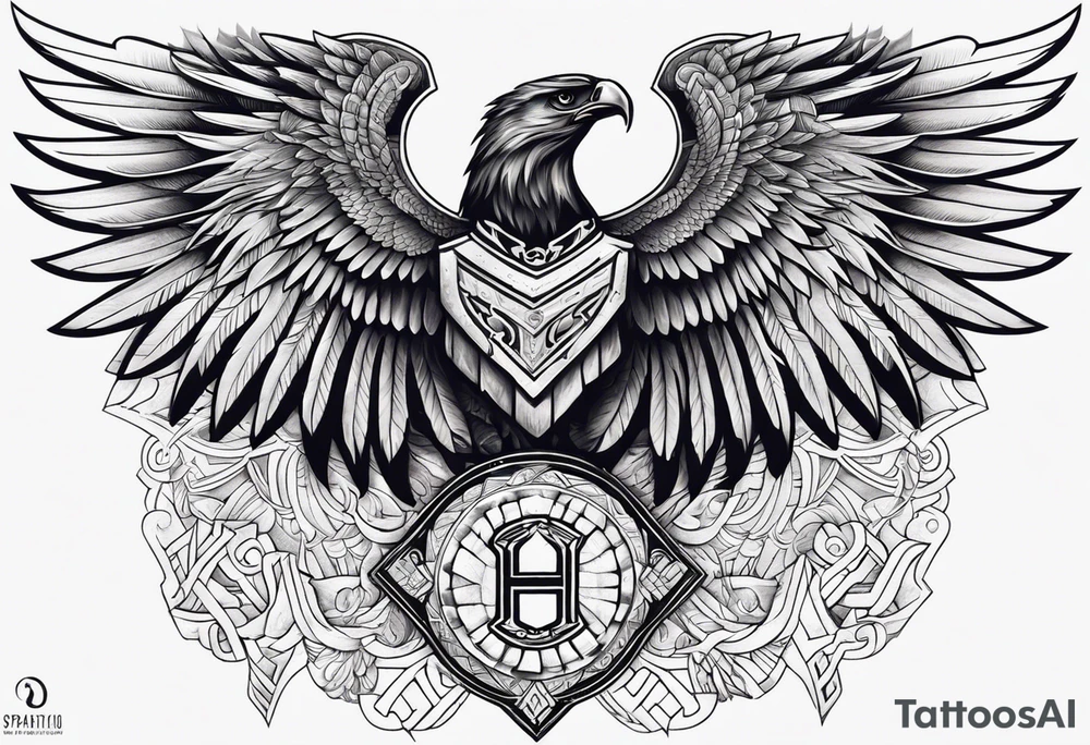 upper back and shoulder tattoo maori eagle wings with spartan helmet in middle with letters RELJA on top tattoo idea