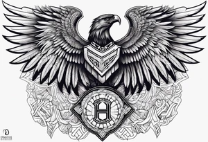 upper back and shoulder tattoo maori eagle wings with spartan helmet in middle with letters RELJA on top tattoo idea