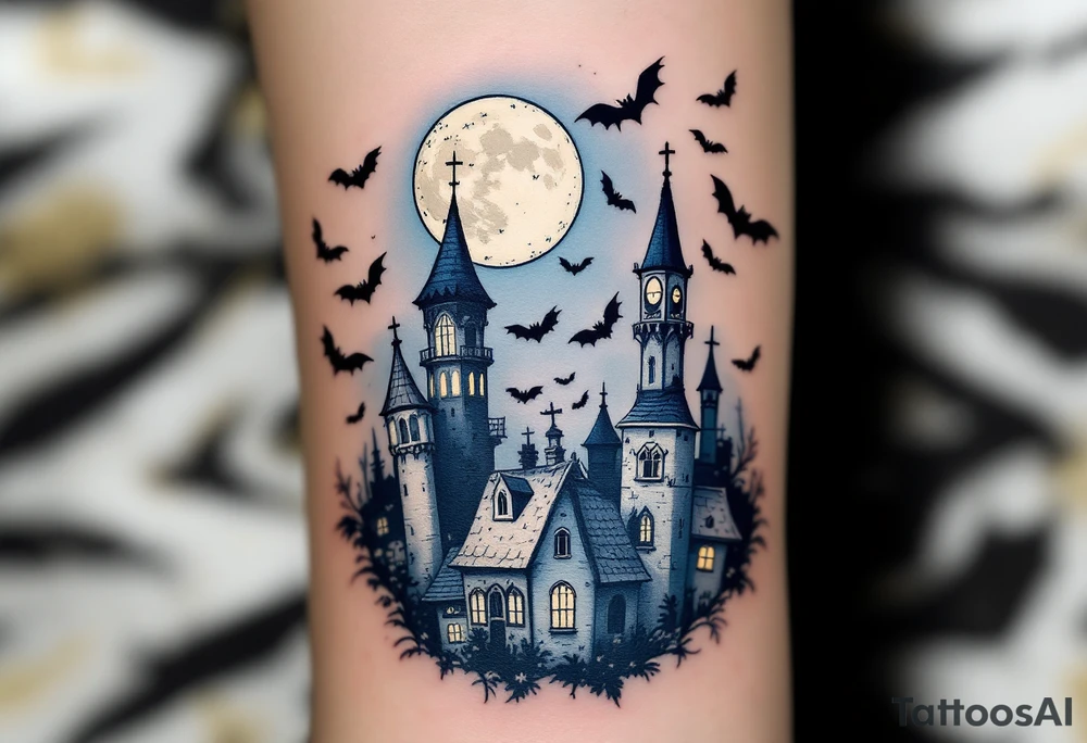 Tim Burton’s stitched moon hangs above crooked rooftops in navy and ivory, surrounded by drifting bats. tattoo idea