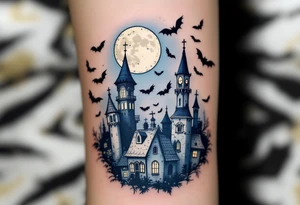 Tim Burton’s stitched moon hangs above crooked rooftops in navy and ivory, surrounded by drifting bats. tattoo idea