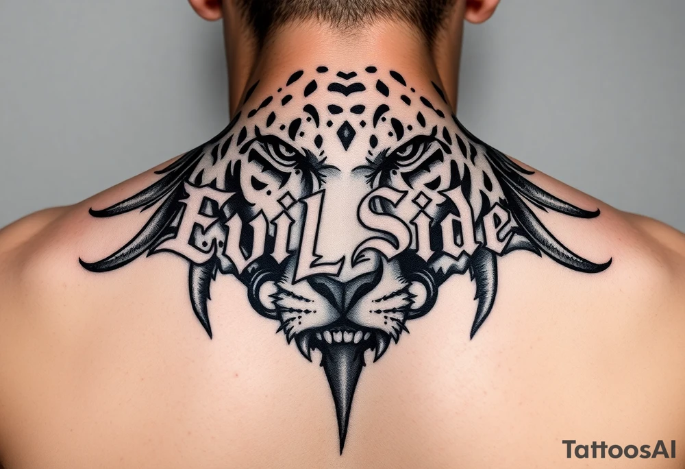 Bold cover up saying Evil Side from ear to ear on front of neck black and white leo tattoo idea