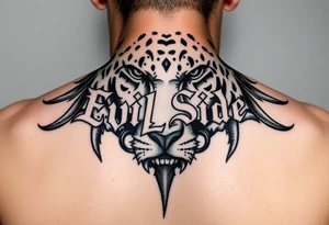Bold cover up saying Evil Side from ear to ear on front of neck black and white leo tattoo idea