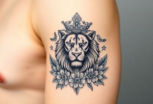 powerful majestic lion with a crown, surrounded by floral ornaments and birds tattoo idea
