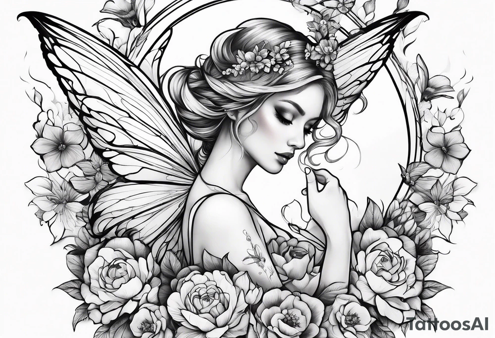 Flying Fairy with flowers tattoo idea