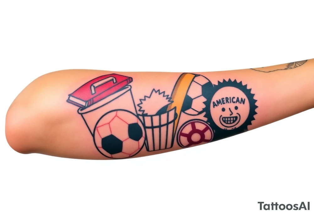 Childhood memories of a book, a bucket and spade, a football, a cricket bat, a cartoon of Dennis the Menace from the Beano comic, and the American Idiot symbol tattoo idea