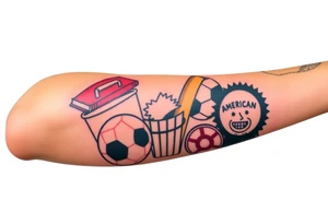 Childhood memories of a book, a bucket and spade, a football, a cricket bat, a cartoon of Dennis the Menace from the Beano comic, and the American Idiot symbol tattoo idea