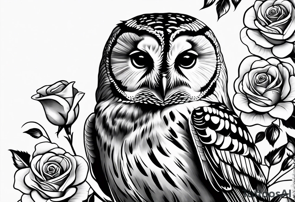 Barred owl with a single rose tattoo idea