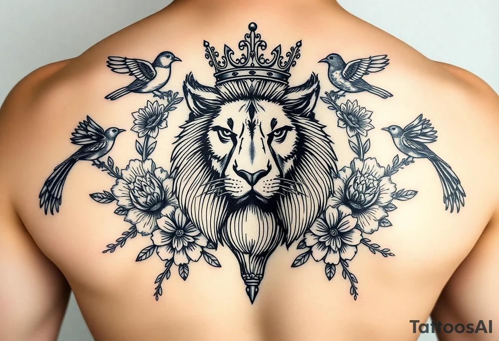 powerful majestic lion with a crown, surrounded by floral ornaments and birds tattoo idea