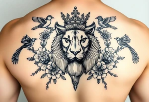 powerful majestic lion with a crown, surrounded by floral ornaments and birds tattoo idea