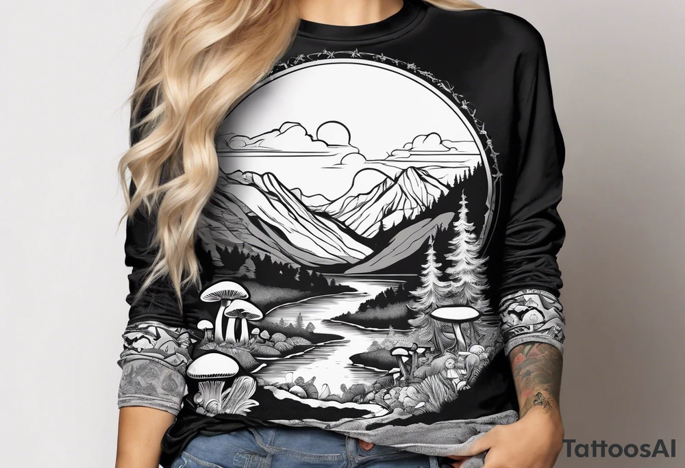 Whole picture encircled fully

Straight long blonde hair hippie girl in distance holding mushrooms in hand facing away toward mountains and creek surrounded by mushrooms long sleeve shirt and hiking pants; whole rendering within a full circle, no cut off circle tattoo idea