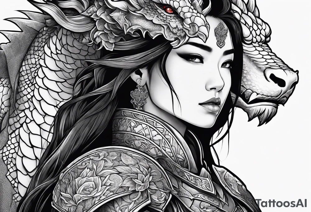 beautiful warrior woman wearing dragon armor and a floral background and a dragon tattoo idea