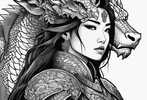 beautiful warrior woman wearing dragon armor and a floral background and a dragon tattoo idea
