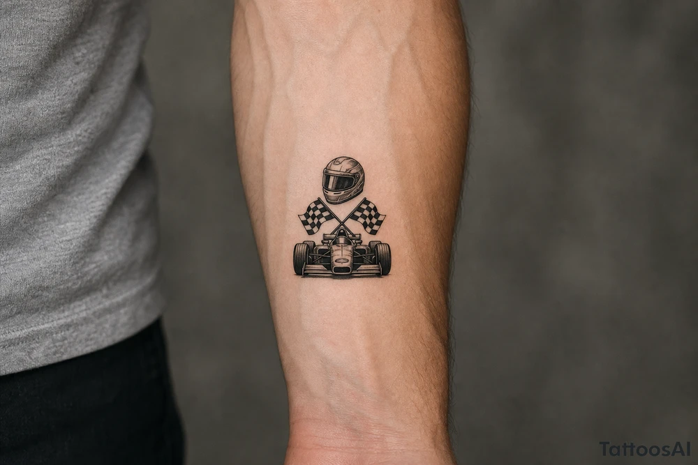 A small, delicate blackwork tattoo design featuring motorsport elements . a sleek full-face racing helmet with a dark visor. classic checkered racing flags crossed at the poles. a front-angle view of a vintage open-wheel race car showing wide tires and front wing details. tattoo idea