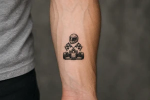 A small, delicate blackwork tattoo design featuring motorsport elements . a sleek full-face racing helmet with a dark visor.  classic checkered racing flags crossed at the poles. a front-angle view of a vintage open-wheel race car showing wide tires and front wing details. tattoo idea