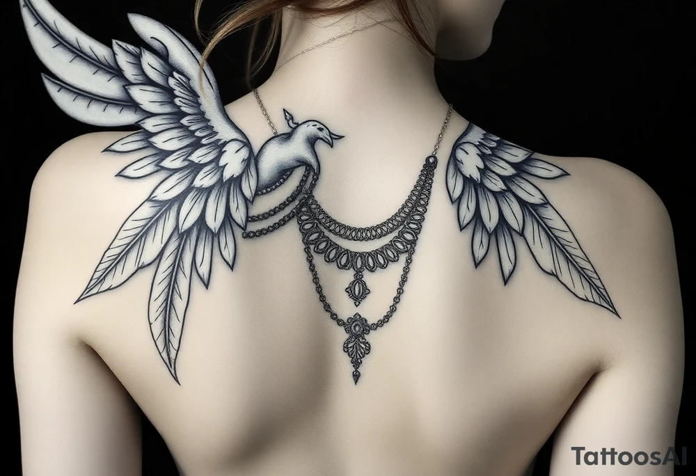 Create a statue of some angel, ruined with a corrupt criminal/thug style, tattoos, jewelry, gold necklaces. I would like this to be placed on the left arm. tattoo idea