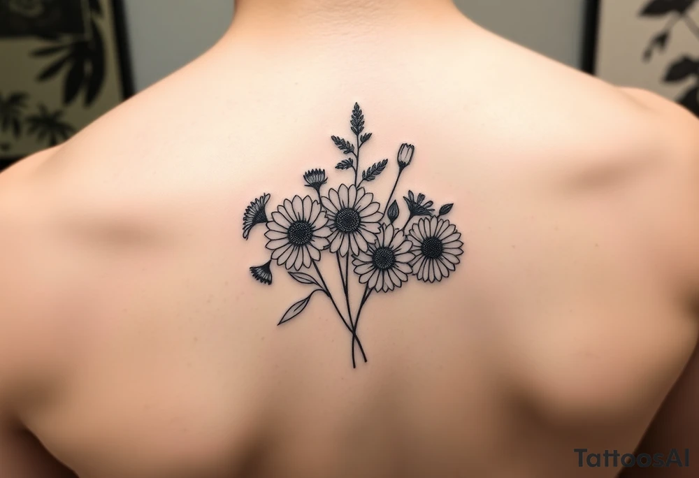 Small flower bouquet with order of flowers, daisy, cosmo, poppy, chrysanthemum, cosmo tattoo idea