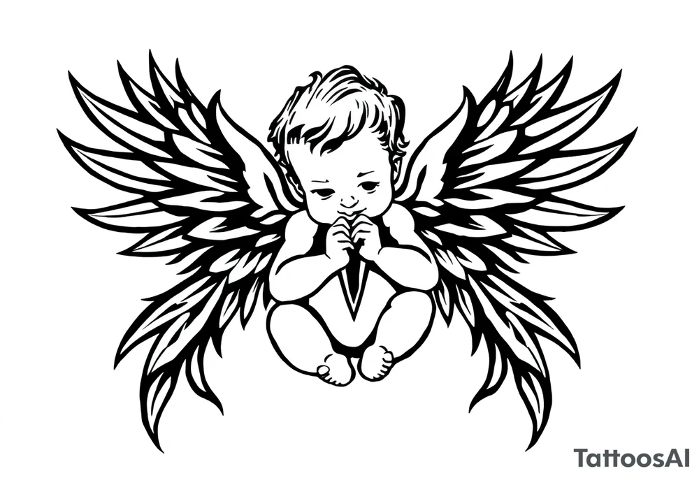 a baby angel with wings holding an ar tattoo idea
