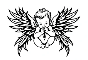 a baby angel with wings holding an ar tattoo idea