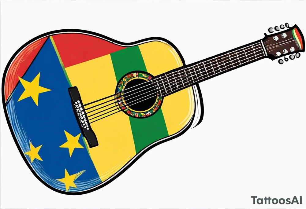 acoustic guitar with divided
 diagonally with one side with the flag of curacao, the other with some reggae colors. on the outside of the guitar, the side with the curacao flag to adorned with some beach or sea creature theme, like a sea turtle. The side with the reggae to have some music notes flowing out tattoo idea