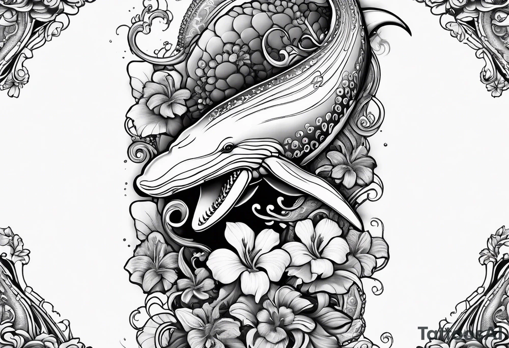 Half sleeve with octopus and humpback whale on arm with Hawaiian flowers tattoo idea