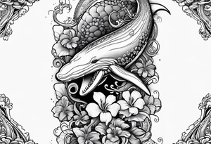 Half sleeve with octopus and humpback whale on arm with Hawaiian flowers tattoo idea