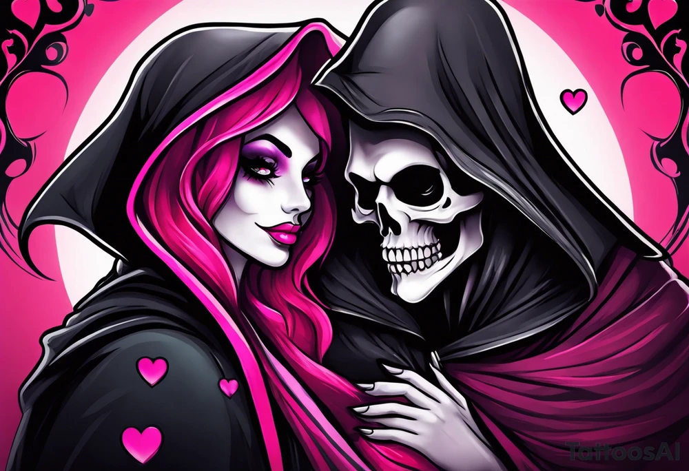 new school tattoo of a male grim reaper with black cloak kissing a female grim reaper in a bright pink cloak with small hearts in pink and red surrounding them tattoo idea