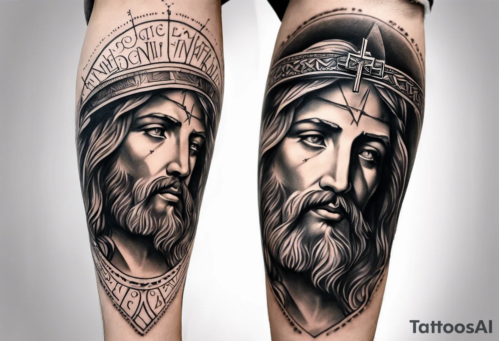 jesus leg tattoo with a cross and bible verse tattoo idea