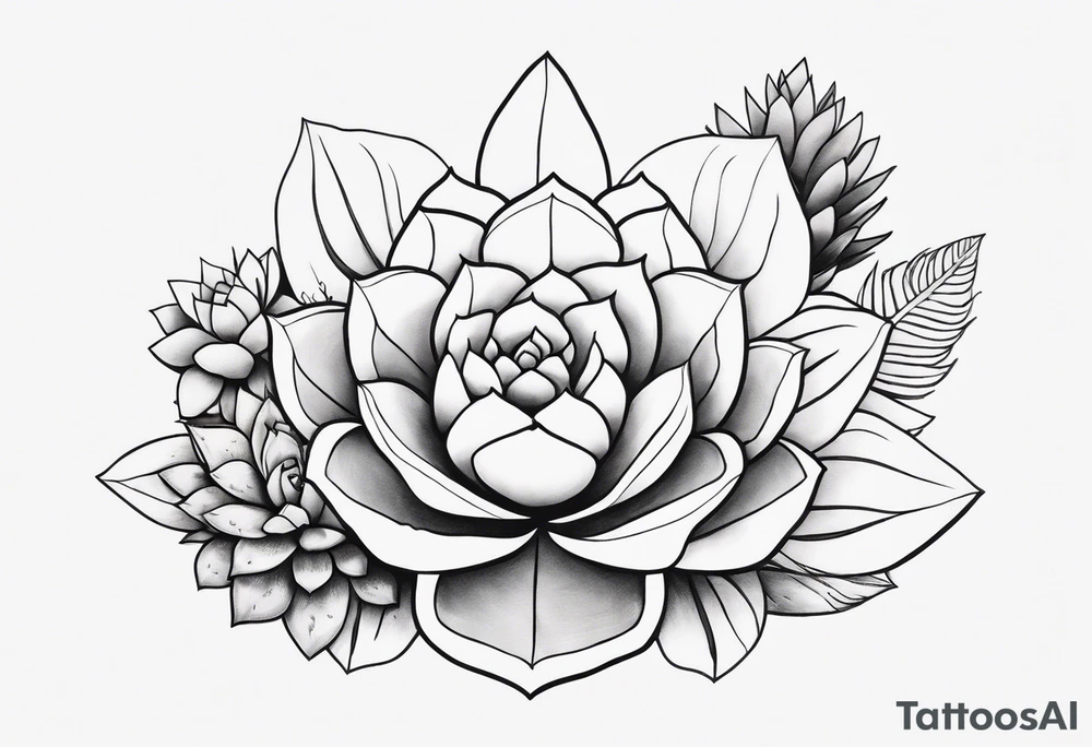 fine line one big succulent in the middle. Two smaller succulents on the side. Dogs and floral
. Sternum tattoo grey scale shading tattoo idea