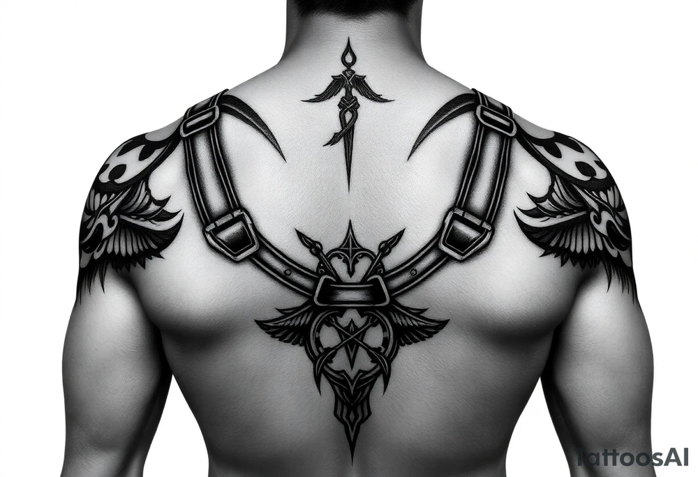 i want a tattoo that goes from the front to the back and and is similar to a harness. with connecting from my pecs to the back and also to my arms so they would be like the straps. i want to see the front and the back. i want it to be styled (the straps) like asian samoan type of pattern tattoo idea